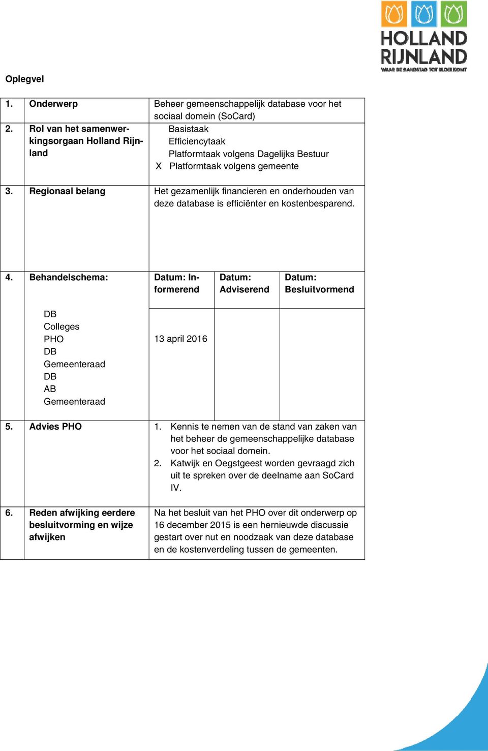 Regionaal belang Het gezamenlijk financieren en onderhouden van deze database is efficiënter en kostenbesparend. 4.