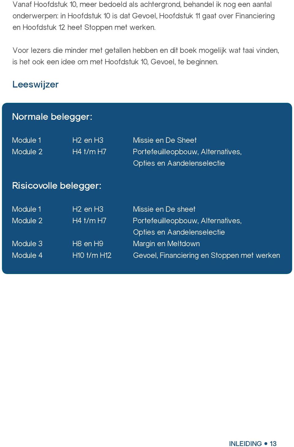 Leeswijzer Normale belegger: Module 1 H2 en H3 Missie en De Sheet Module 2 H4 t/m H7 Portefeuilleopbouw, Alternatives, Opties en Aandelenselectie Risicovolle belegger: Module 1 H2 en