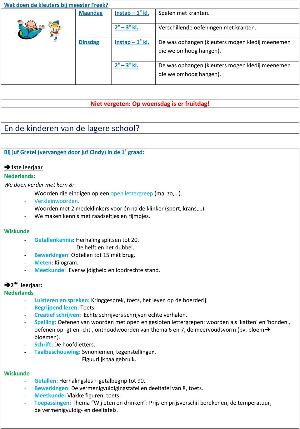 En de kinderen van de lagere school? Bij juf Gretel (vervangen door juf Cindy) in de 1 e graad: 1ste leerjaar : We doen verder met kern 8: - Woorden die eindigen op een open lettergreep (ma, zo, ).