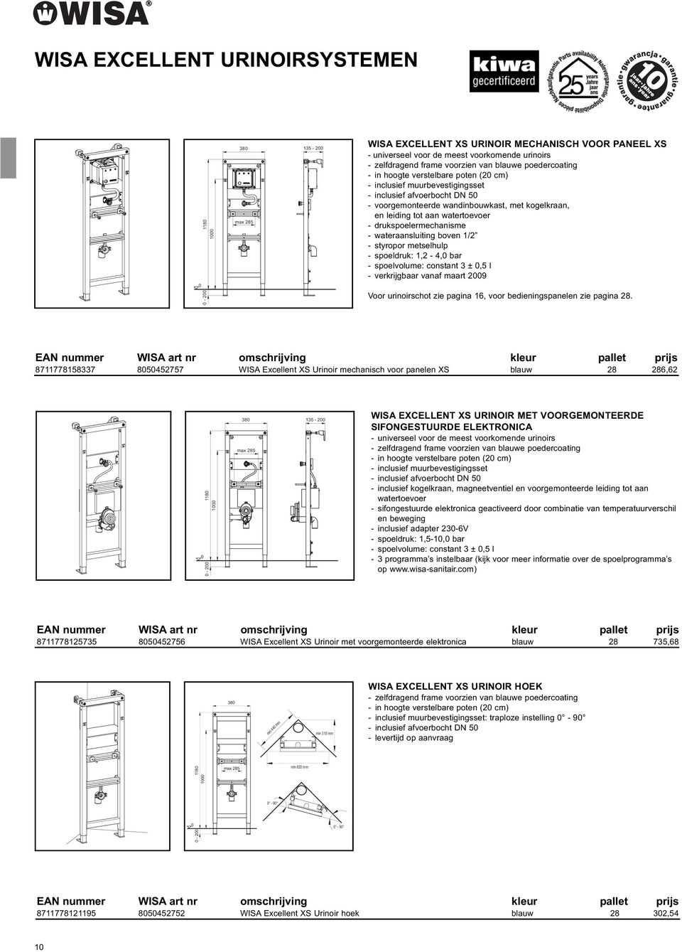 watertoevoer - drukspoelermechanisme - wateraansluiting boven 1/2 - styropor metselhulp - spoeldruk: 1,2-4,0 bar - spoelvolume: constant 3 ± 0,5 l - verkrijgbaar vanaf maart 2009 Voor urinoirschot