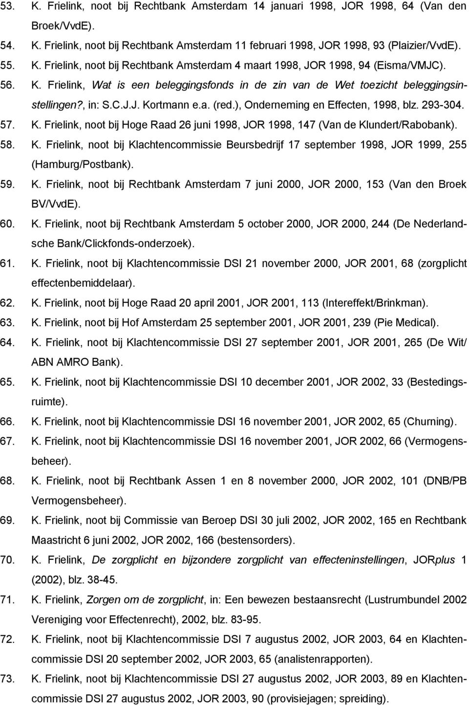 58. K. Frielink, noot bij Klachtencommissie Beursbedrijf 17 september 1998, JOR 1999, 255 (Hamburg/Postbank). 59. K. Frielink, noot bij Rechtbank Amsterdam 7 juni 2000, JOR 2000, 153 (Van den Broek BV/VvdE).