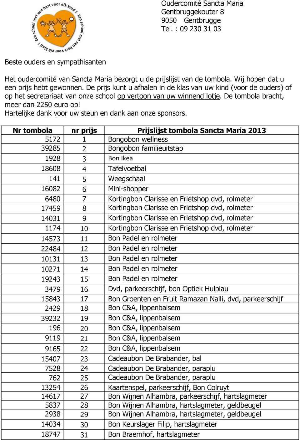 De tombola bracht, meer dan 2250 euro op! Hartelijke dank voor uw steun en dank aan onze sponsors.