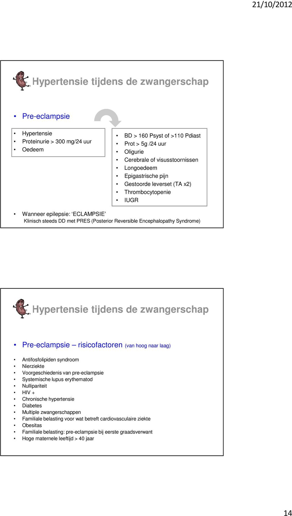 zwangerschap Pre-eclampsie risicofactoren (van hoog naar laag) Antifosfolipiden syndroom Nierziekte Voorgeschiedenis van pre-eclampsie Systemische lupus erythematod Nullipariteit HIV + Chronische