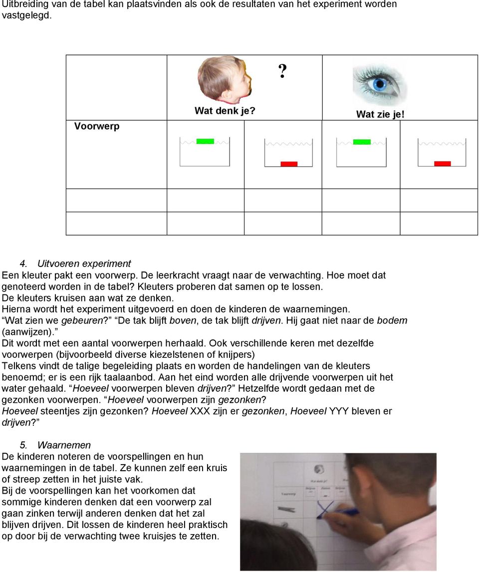 Hierna wordt het experiment uitgevoerd en doen de kinderen de waarnemingen. Wat zien we gebeuren? De tak blijft boven, de tak blijft drijven. Hij gaat niet naar de bodem (aanwijzen).