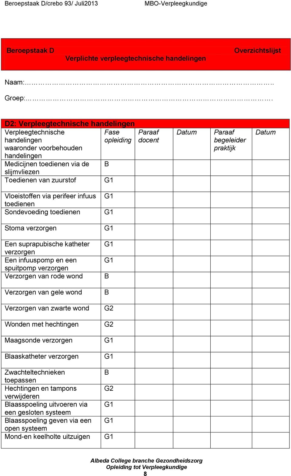 Datum Paraaf begeleider praktijk Datum Vloeistoffen via perifeer infuus toedienen Sondevoeding toedienen Stoma verzorgen Een suprapubische katheter verzorgen Een infuuspomp en een spuitpomp verzorgen