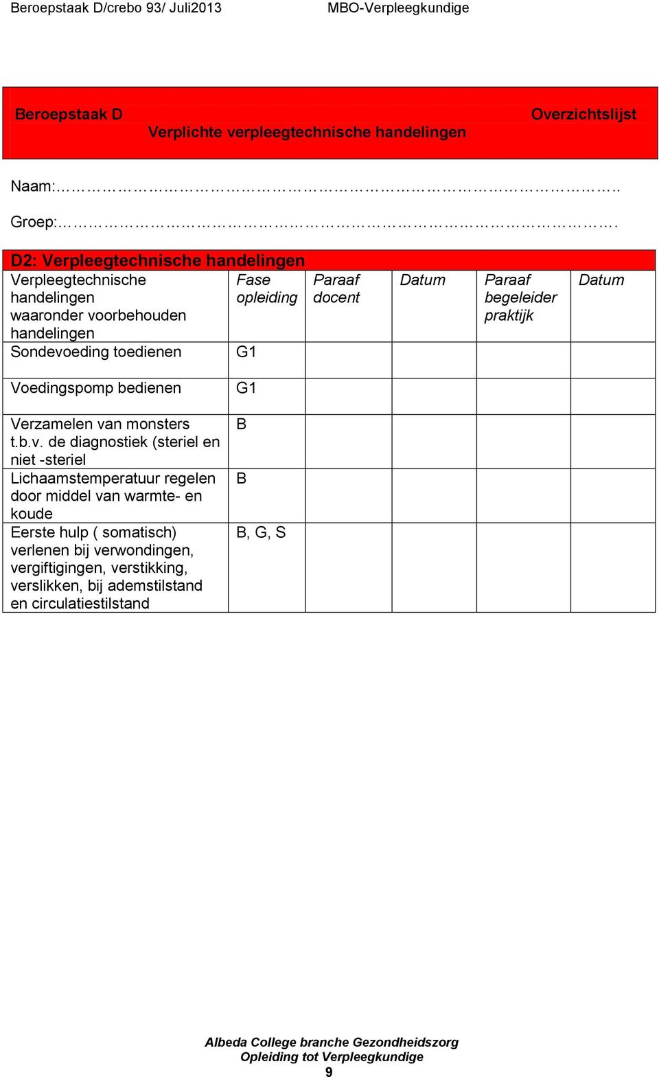 Paraaf docent Datum Paraaf begeleider praktijk Datum Voedingspomp bedienen Verzamelen va