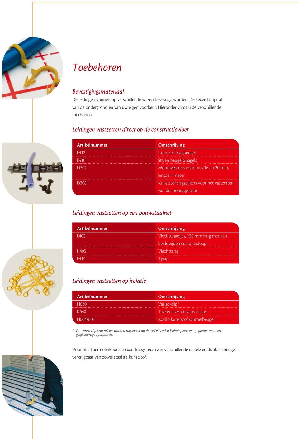 Leidingen vastzetten direct op de constructievloer Artikelnummer E412 E410 D707 D708 Omschrijving Kunststof slagbeugel Stalen beugels/nagels Montagestrips voor buis 16 en 20 mm, lengte 1 meter