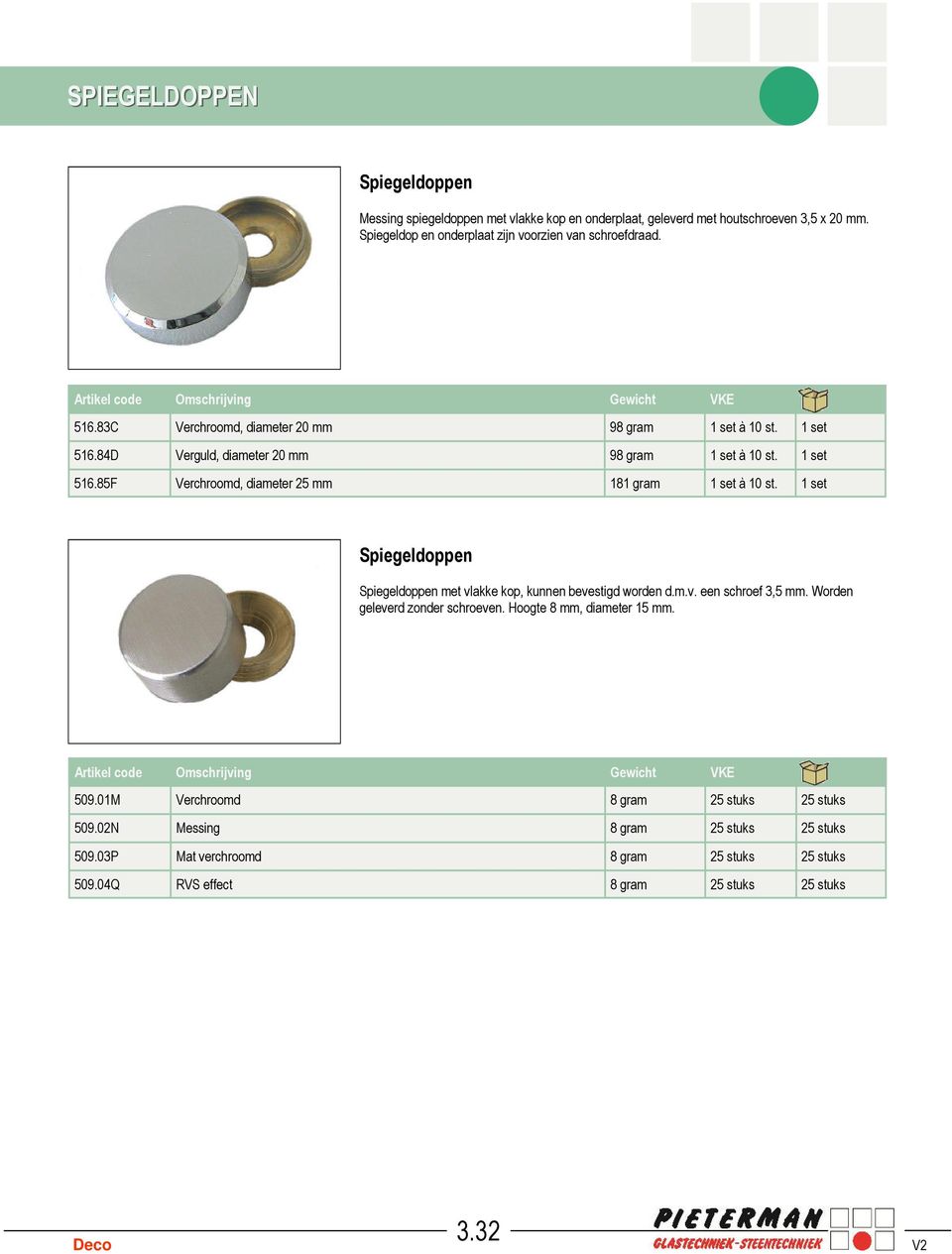 1 set Spiegeldoppen Spiegeldoppen met vlakke kop, kunnen bevestigd worden d.m.v. een schroef 3,5 mm. Worden geleverd zonder schroeven. Hoogte 8 mm, diameter 15 mm. 509.