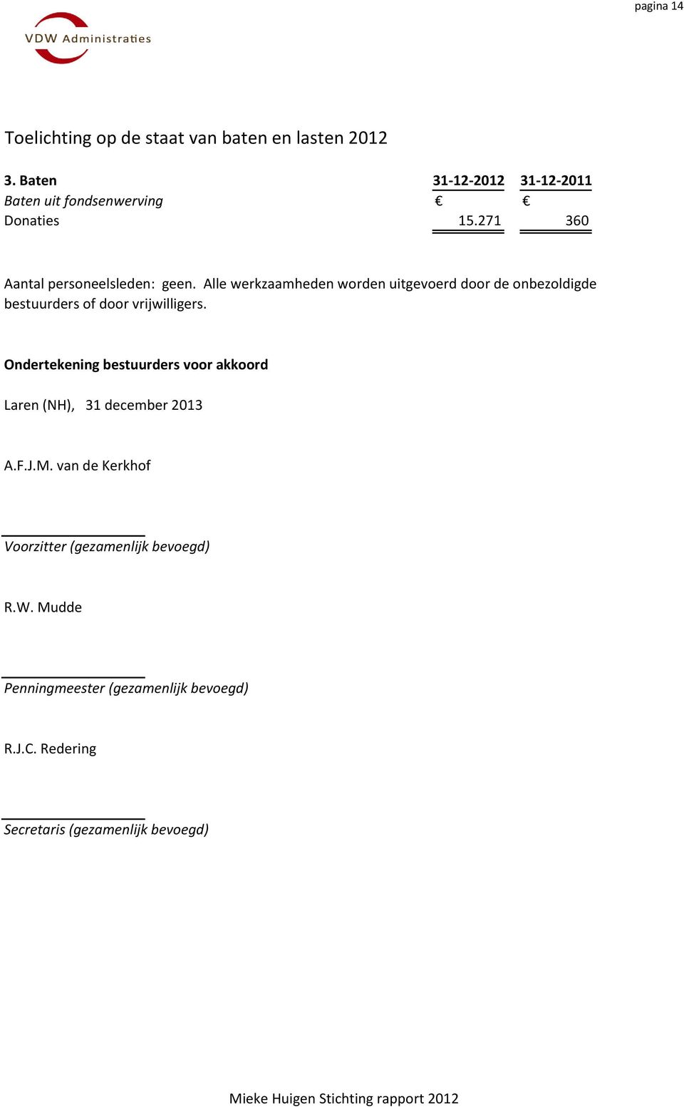 Alle werkzaamheden worden uitgevoerd door de onbezoldigde bestuurders of door vrijwilligers.