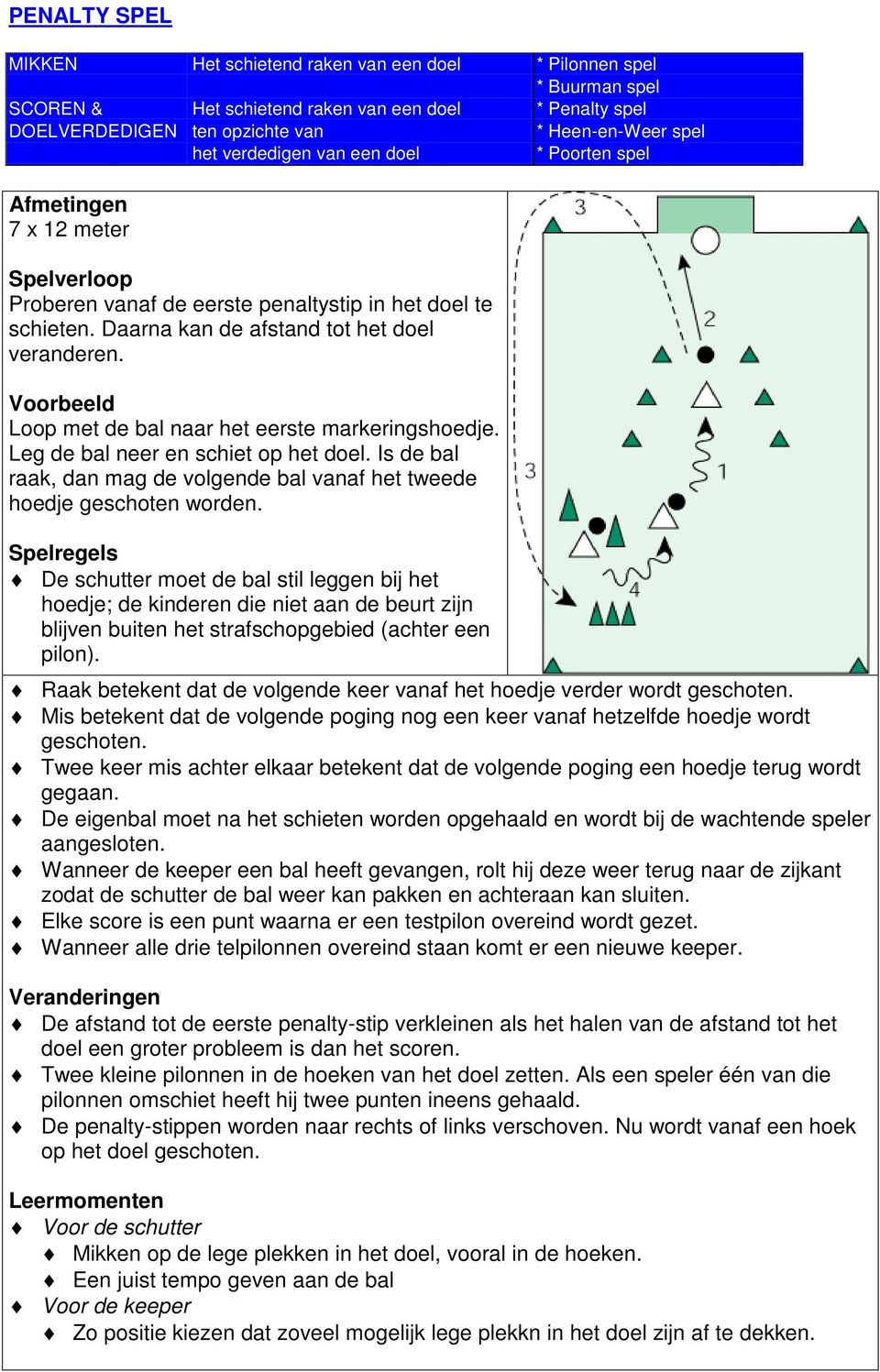 Loop met de bal naar het eerste markeringshoedje. Leg de bal neer en schiet op het doel. Is de bal raak, dan mag de volgende bal vanaf het tweede hoedje geschoten worden.