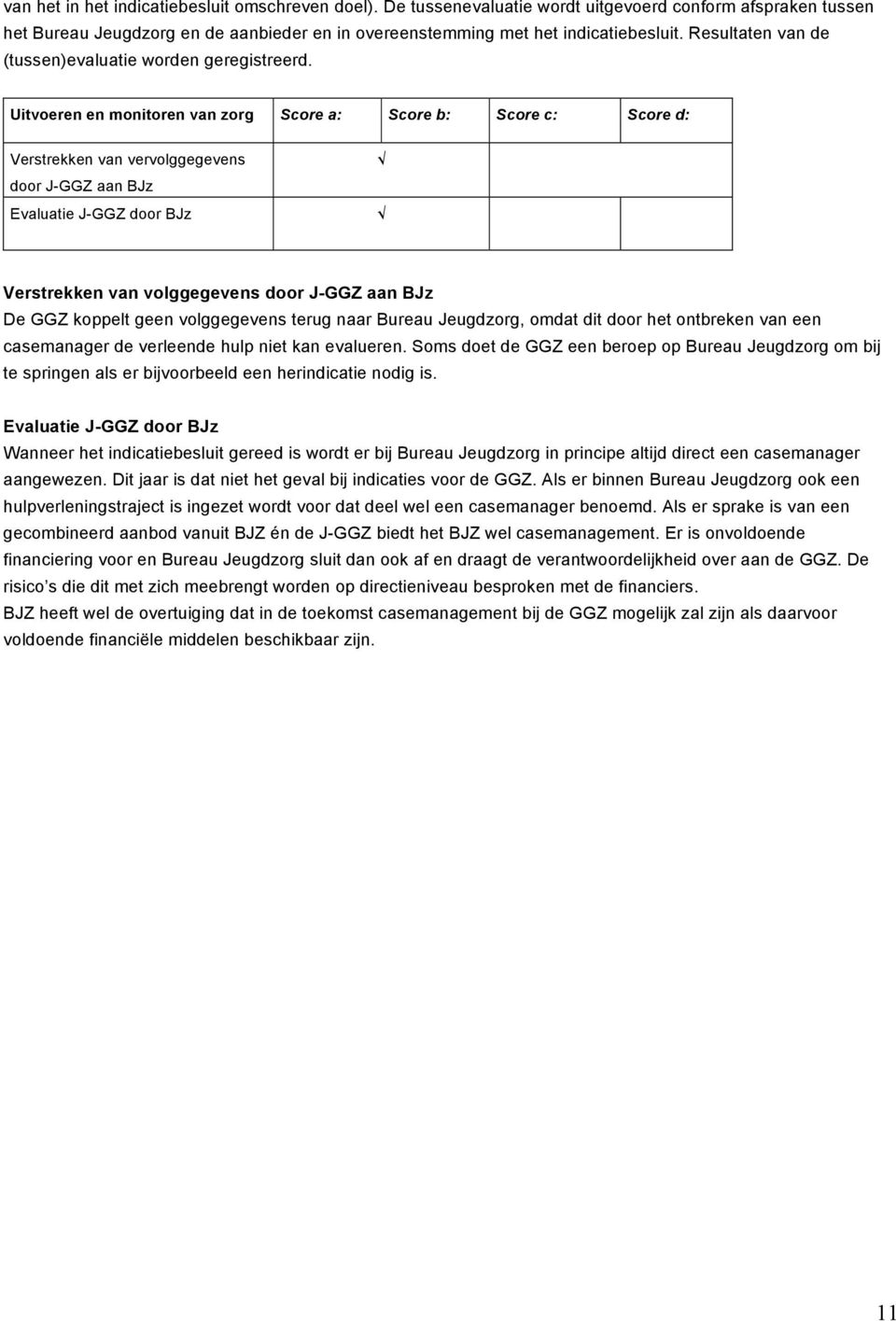 Uitvoeren en monitoren van zorg Score a: Score b: Score c: Score d: Verstrekken van vervolggegevens door J-GGZ aan BJz Evaluatie J-GGZ door BJz Verstrekken van volggegevens door J-GGZ aan BJz De GGZ