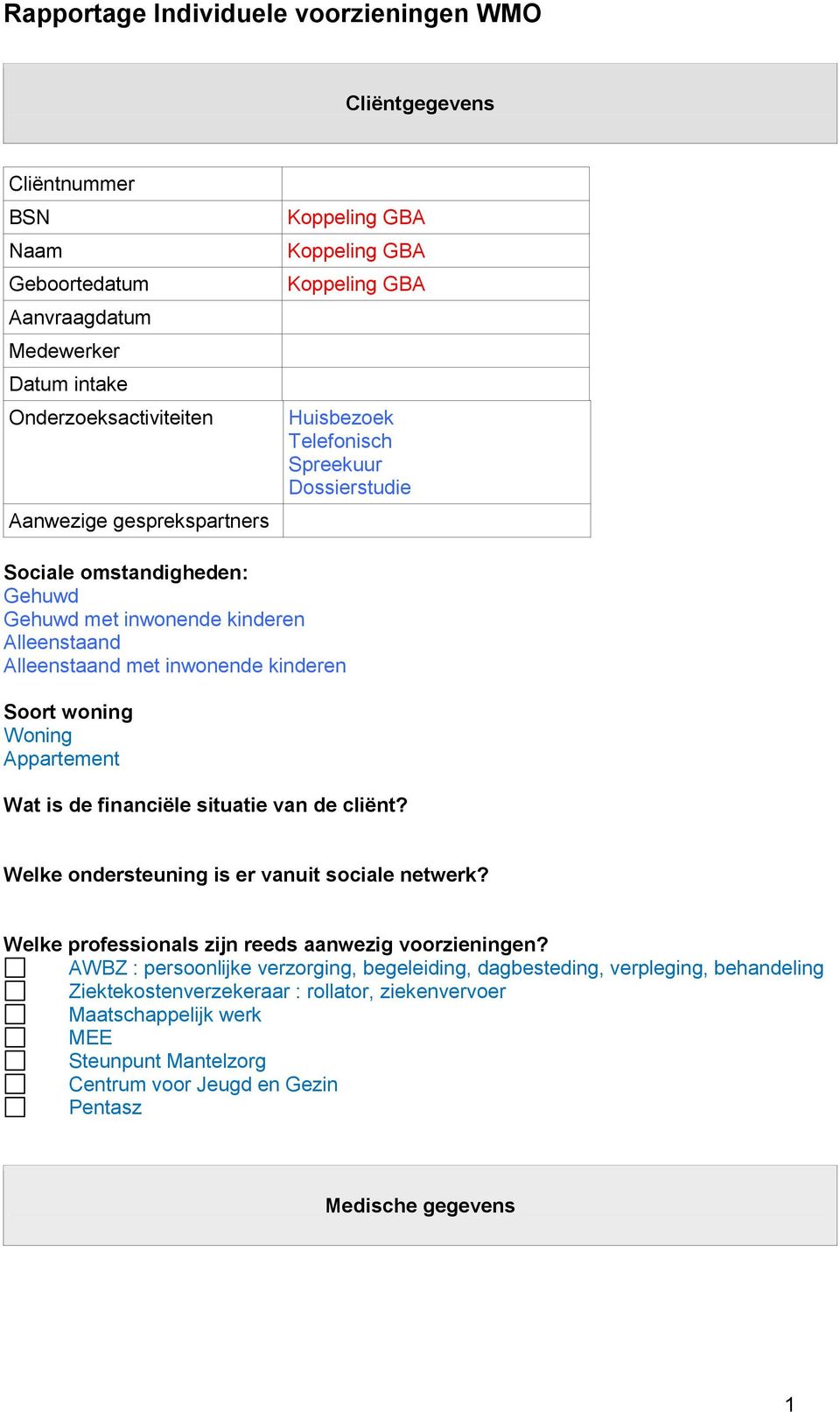 Wat is de financiële situatie van de cliënt? Welke ondersteuning is er vanuit sociale netwerk? Welke professionals zijn reeds aanwezig voorzieningen?