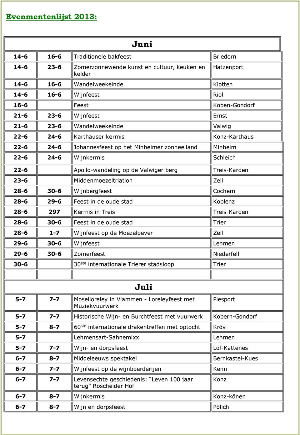 Wijnkermis Schleich 22-6 Apollo-wandeling op de Valwiger berg Treis-Karden 23-6 Middenmoezeltriatlon Zell 28-6 30-6 Wijnbergfeest Cochem 28-6 29-6 Feest in de oude stad Koblenz 28-6 297 Kermis in