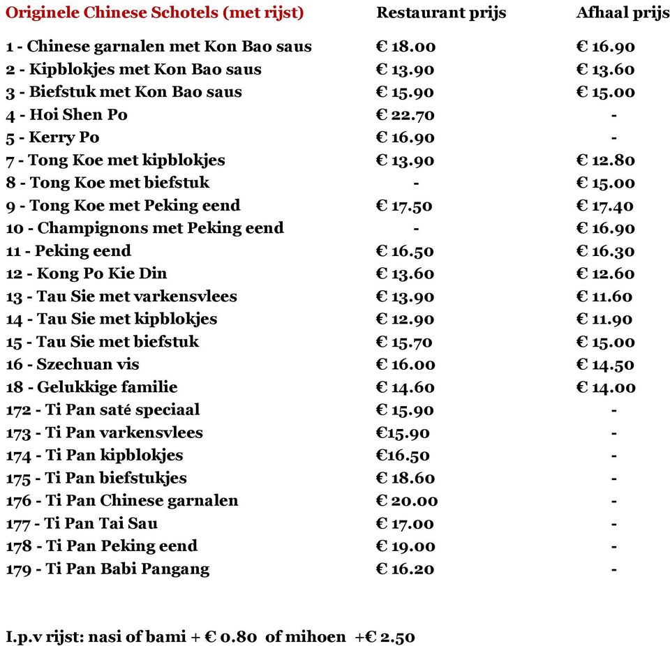 40 10 - Champignons met Peking eend - 16.90 11 - Peking eend 16.50 16.30 12 - Kong Po Kie Din 13.60 12.60 13 - Tau Sie met varkensvlees 13.90 11.60 14 - Tau Sie met kipblokjes 12.90 11.90 15 - Tau Sie met biefstuk 15.