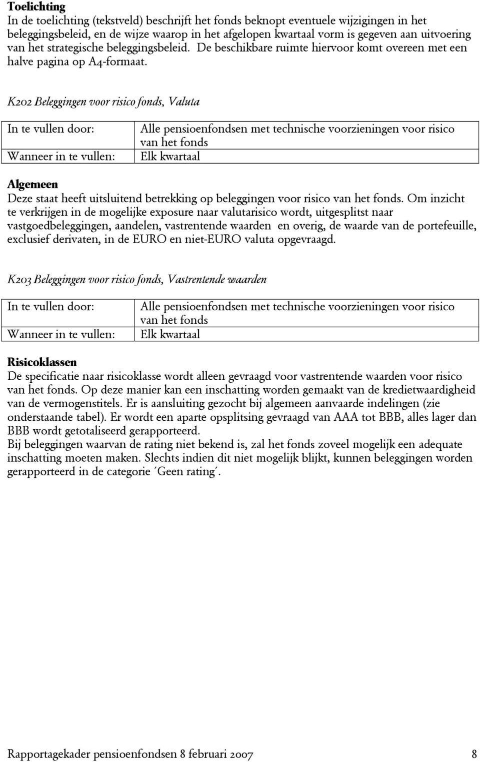K202 Beleggingen voor risico fonds, Valuta Wanneer in te vullen: Alle pensioenfondsen met technische voorzieningen voor risico van het fonds Elk kwartaal Algemeen Deze staat heeft uitsluitend
