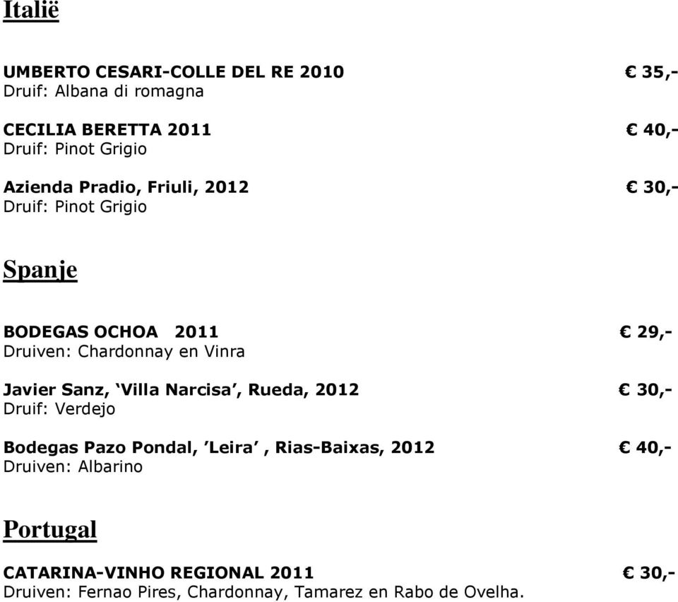 Javier Sanz, Villa Narcisa, Rueda, 2012 30,- Druif: Verdejo Bodegas Pazo Pondal, Leira, Rias-Baixas, 2012 40,-