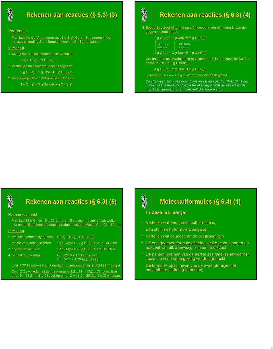 Cu(s) + 3 g S(s) x g Cu,S(s) Rekenen aan reacties ( ( 6.