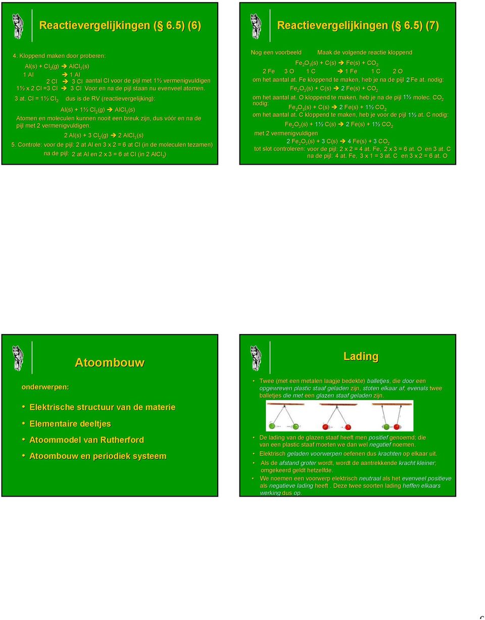 Cl = 1½1 Cl 2 dus is de RV (reactievergelijking): Al(s) + 1½1 Cl 2 (g) AlCl 3 (s) Atomen en moleculen kunnen nooit een breuk zijn, dus vóóv óór r en na de pijl met 2 vermenigvuldigen.