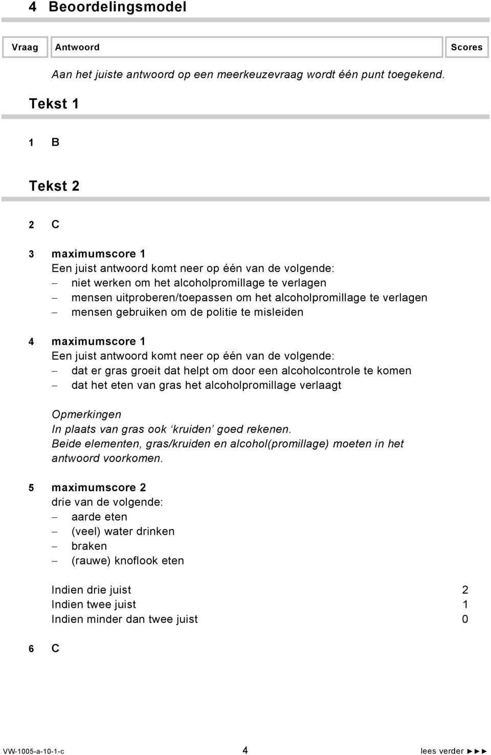 4 maximumscore 1 dat er gras groeit dat helpt om door een alcoholcontrole te komen dat het eten van gras het alcoholpromillage verlaagt Opmerkingen In plaats van gras ook kruiden goed rekenen.