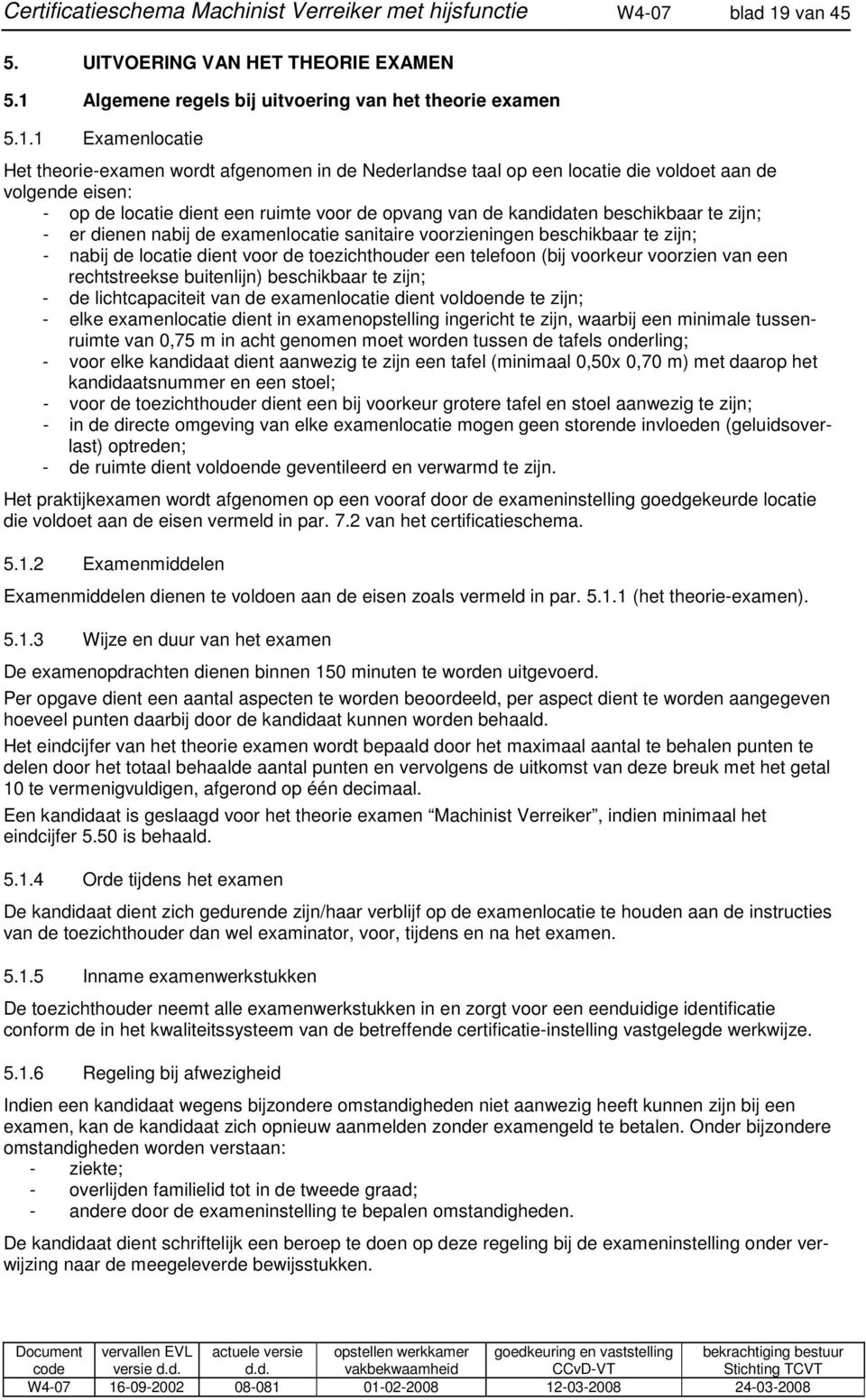 Algemene regels bij uitvoering van het theorie examen 5.1.