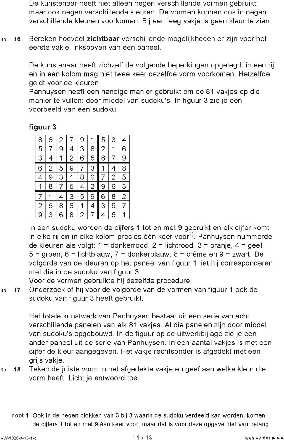 De kunstenaar heeft zichzelf de volgende beperkingen opgelegd: in een rij en in een kolom mag niet twee keer dezelfde vorm voorkomen. Hetzelfde geldt voor de kleuren.