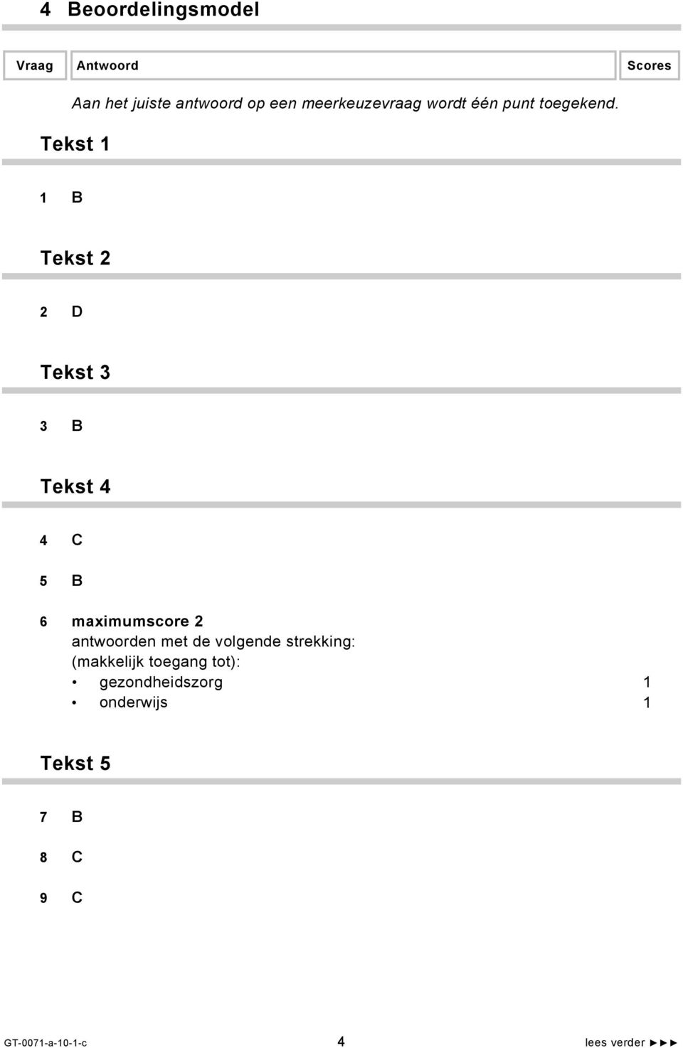 Tekst 1 1 B Tekst 2 2 D Tekst 3 3 B Tekst 4 4 C 5 B 6 maximumscore 2 antwoorden