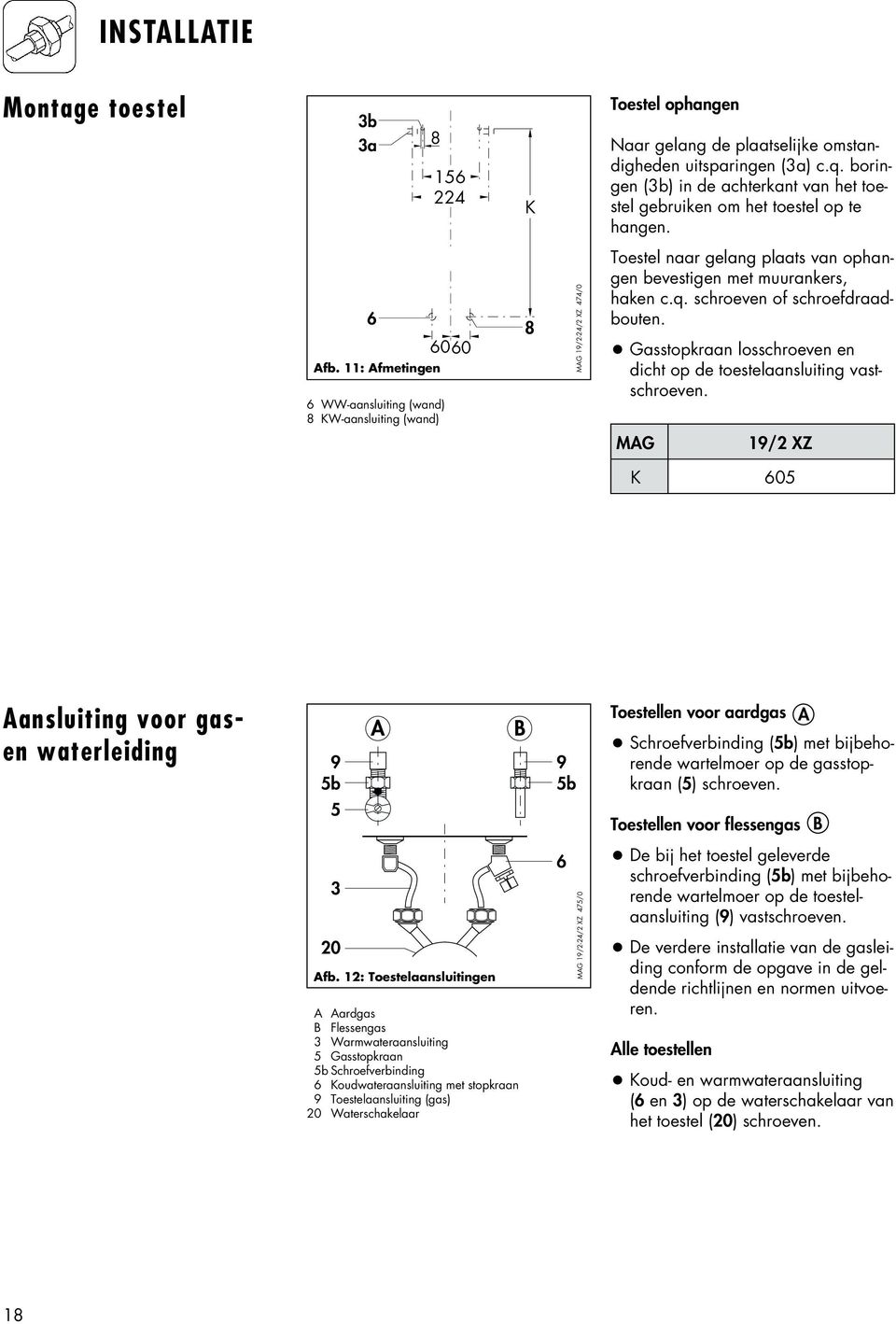 11: Afmetingen 6 WW-aansluiting (wand) 8 KW-aansluiting (wand) 6060 8 MAG 19/2-24/2 XZ 474/0 Toestel naar gelang plaats van ophangen bevestigen met muurankers, haken c.q.