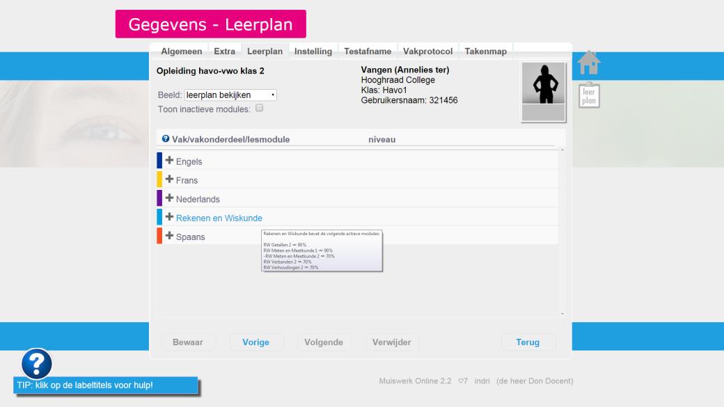 die voor dat vak actief zijn. Het te behalen doelpercentage en welk niveau dat voorstelt staat achter iedere module.