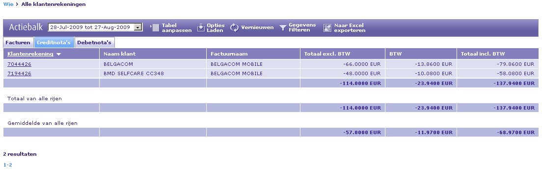 Optionele velden van de tab Facturen Groep naam Naam subgroep Account referentie 1 Account referentie 2 Factuurnummer Factuurdatum Abonnementen OCC Commerciële kredieten Kortingen Naam van de groep