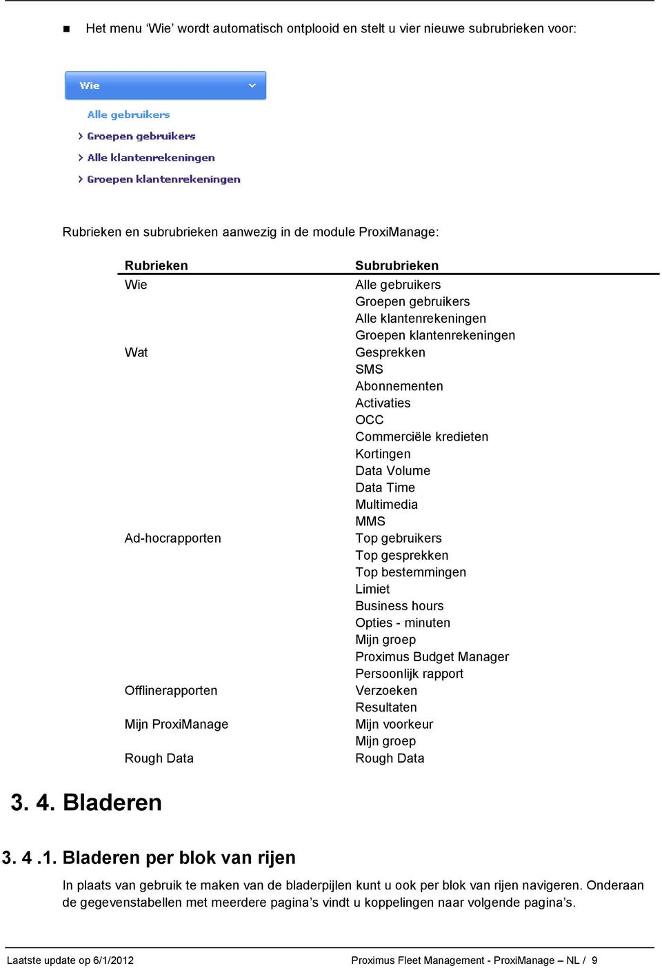 Volume Data Time Multimedia MMS Top gebruikers Top gesprekken Top bestemmingen Limiet Business hours Opties - minuten Mijn groep Proximus Budget Manager Persoonlijk rapport Verzoeken Resultaten Mijn