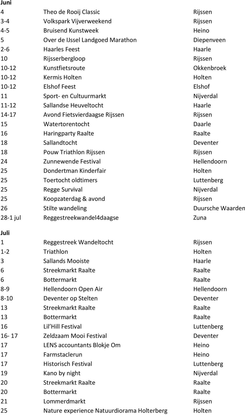 Rijssen 15 Watertorentocht Daarle 16 Haringparty Raalte Raalte 18 Sallandtocht Deventer 18 Pouw Triathlon Rijssen Rijssen 24 Zunnewende Festival Hellendoorn 25 Dondertman Kinderfair Holten 25