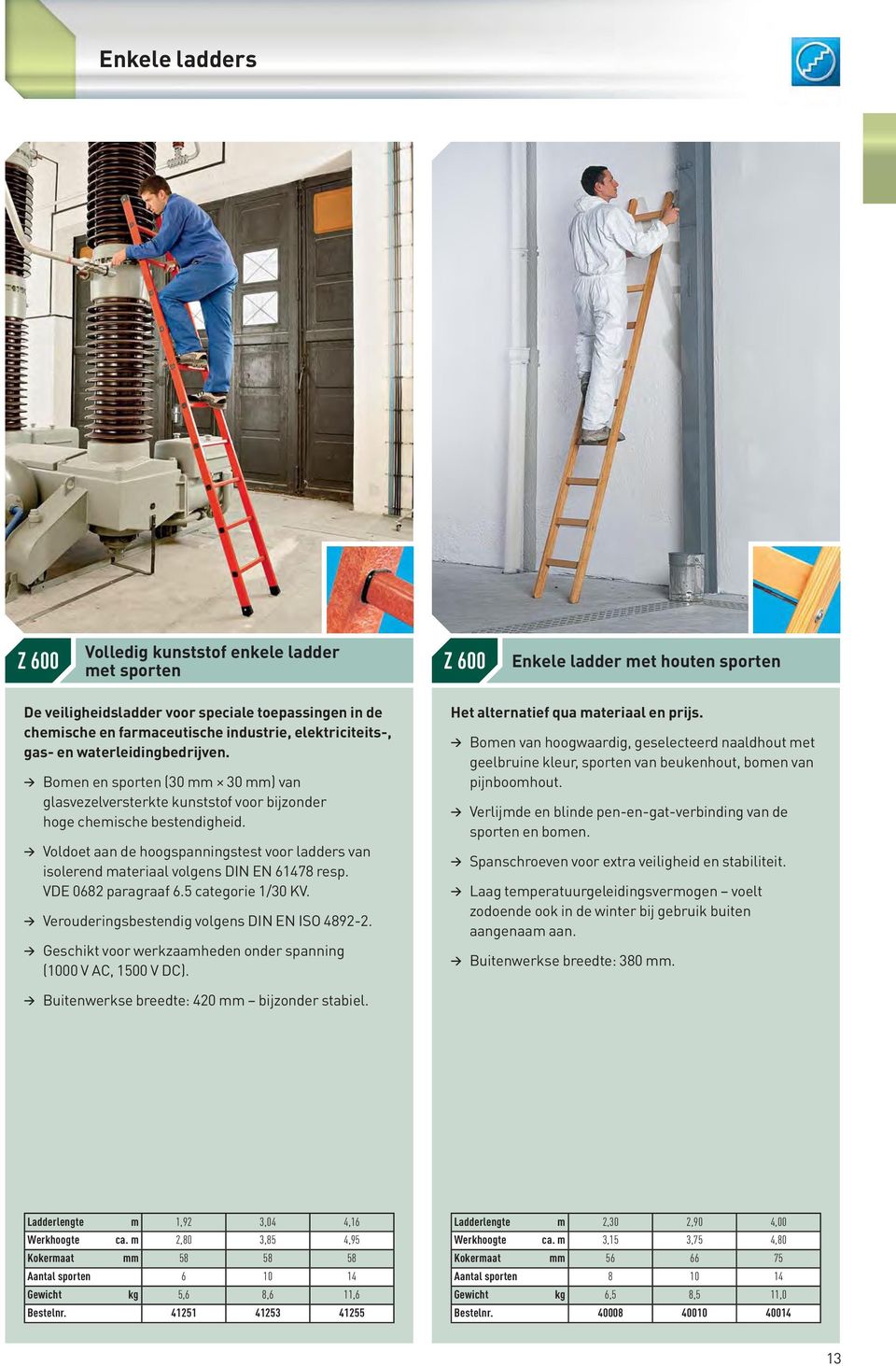 Voldoet aan de hoogspanningstest voor ladders van isolerend materiaal volgens DIN EN 61478 resp. VDE 0682 paragraaf 6.5 categorie 1/30 KV. Verouderingsbestendig volgens DIN EN ISO 4892-2.