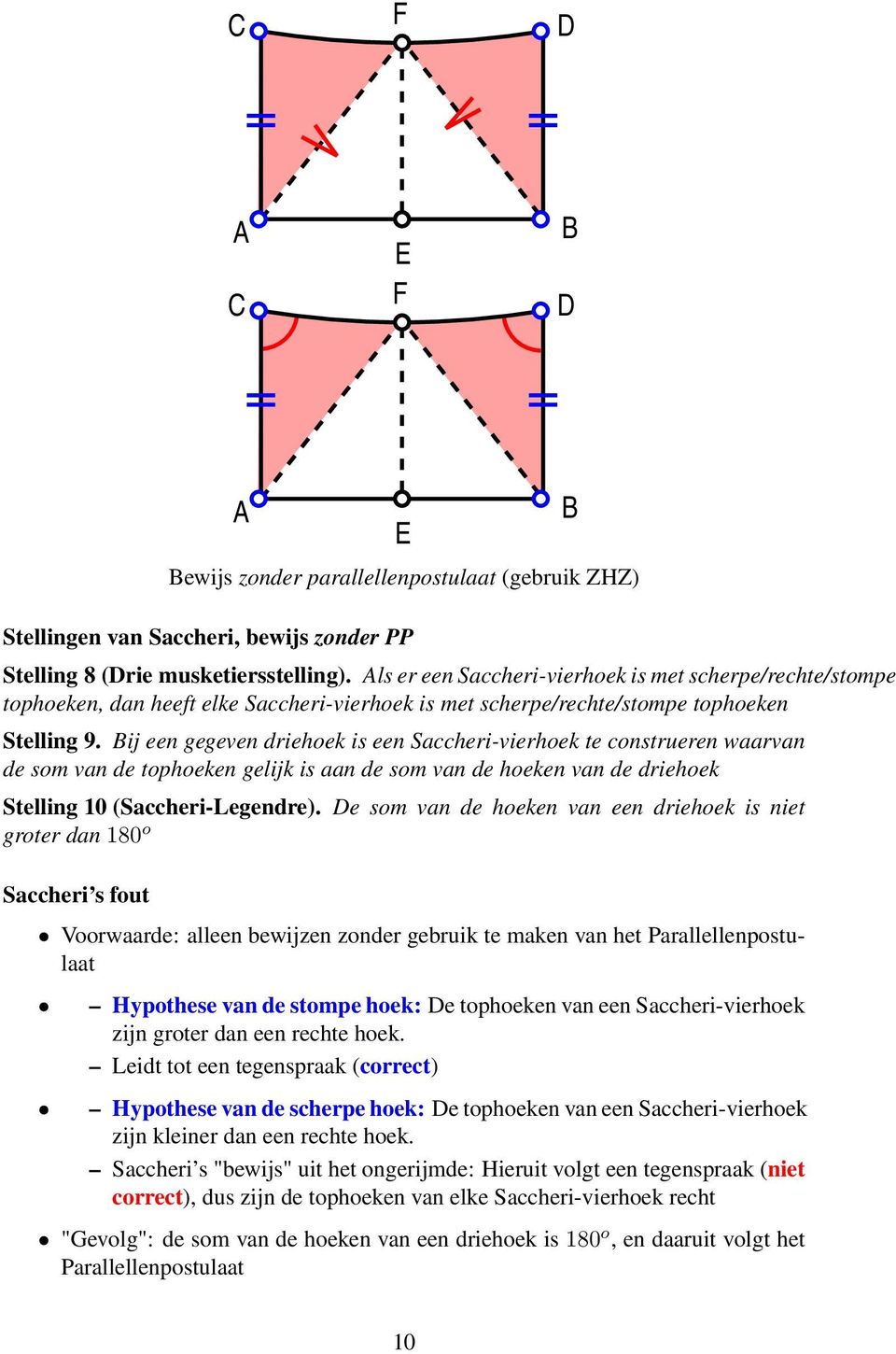 ij een gegeven driehoek is een Saccheri-vierhoek te construeren waarvan de som van de tophoeken gelijk is aan de som van de hoeken van de driehoek Stelling 10 (Saccheri-Legendre).