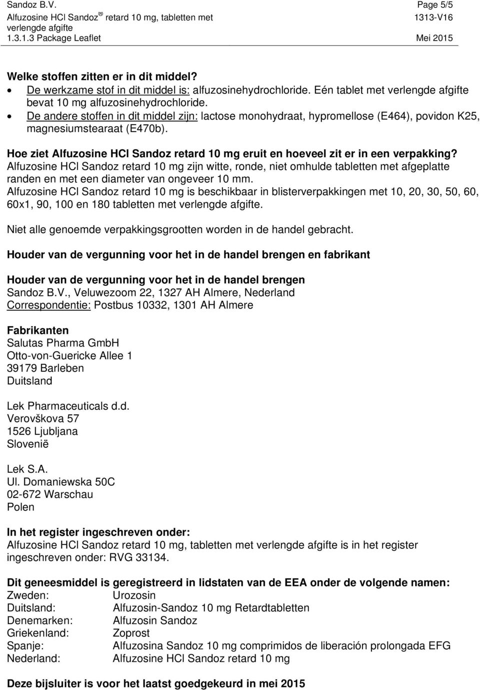 Hoe ziet Alfuzosine HCl Sandoz retard 10 mg eruit en hoeveel zit er in een verpakking?