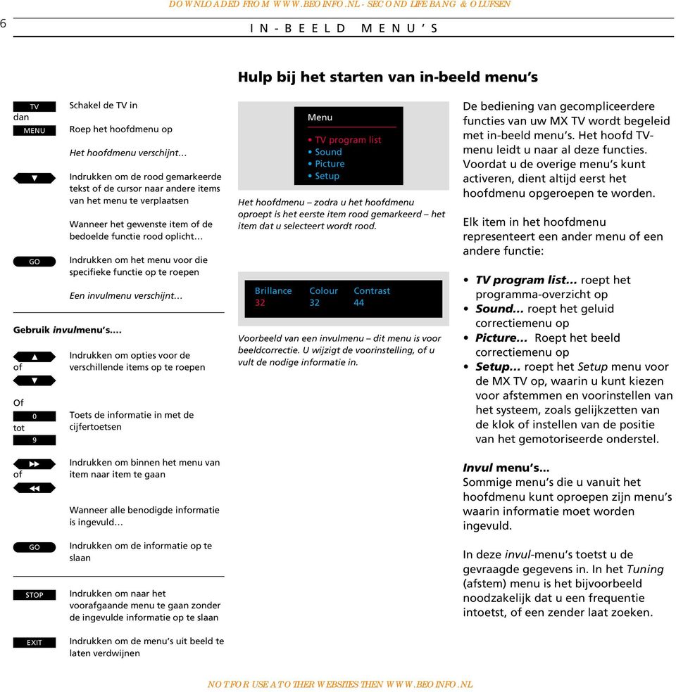 gemarkeerde tekst de cursor naar andere items van het menu te verplaatsen Wanneer het gewenste item de bedoelde functie rood oplicht Indrukken om het menu voor die specifieke functie op te roepen