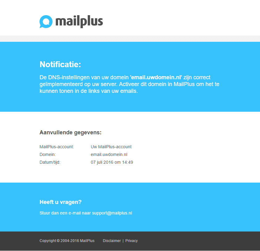De hoofdgebruiker van het MailPlus-account en de aanvrager van het domein ontvangen vervolgens onderstaande notificatie per e-mail.