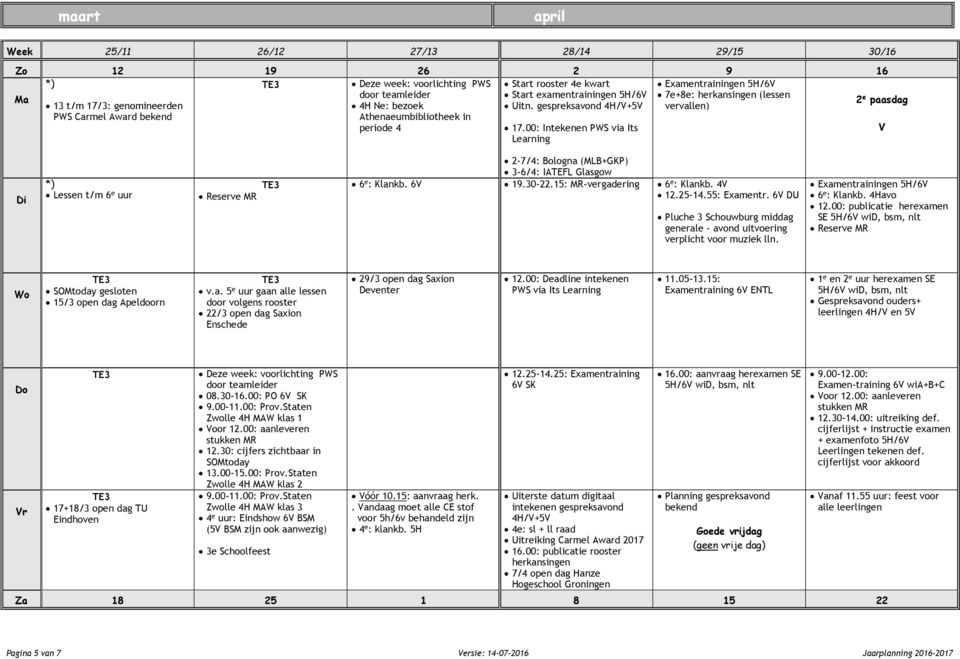 00: Intekenen PWS via Its Learning Lessen t/m 6 e uur 2-7/4: Bologna (MLB+GKP) 3-6/4: IATEFL Glasgow 6 e : Klankb. 6 6 e : Klankb. 4 12.25-14.55: Examentr.