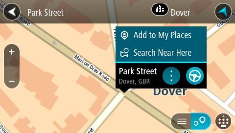 Als je het resultaat toont op de kaart, kun je het pop-upmenu gebruiken om een locatie toe te voegen uit Mijn plaatsen of te zoeken in de buurt van deze locatie.