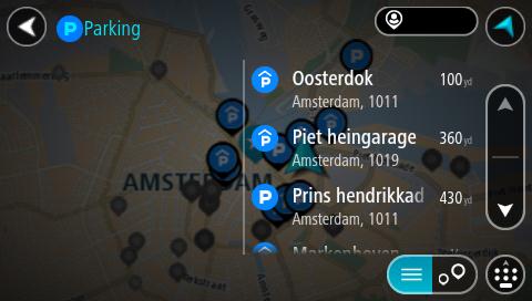 1. Selecteer de hoofdmenuknop om het hoofdmenu te openen. 2. Selecteer Parkeren. De kaart wordt geopend en er worden locaties van parkeergelegenheden getoond.