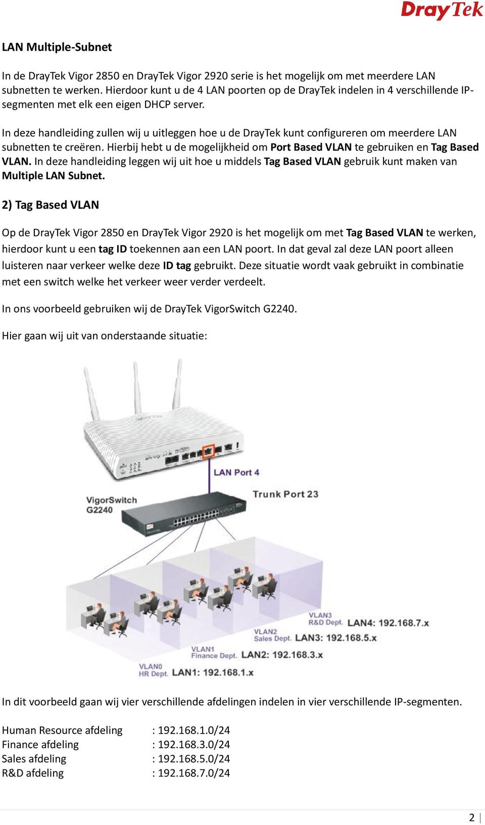 In deze handleiding zullen wij u uitleggen hoe u de DrayTek kunt configureren om meerdere LAN subnetten te creëren. Hierbij hebt u de mogelijkheid om Port Based VLAN te gebruiken en Tag Based VLAN.