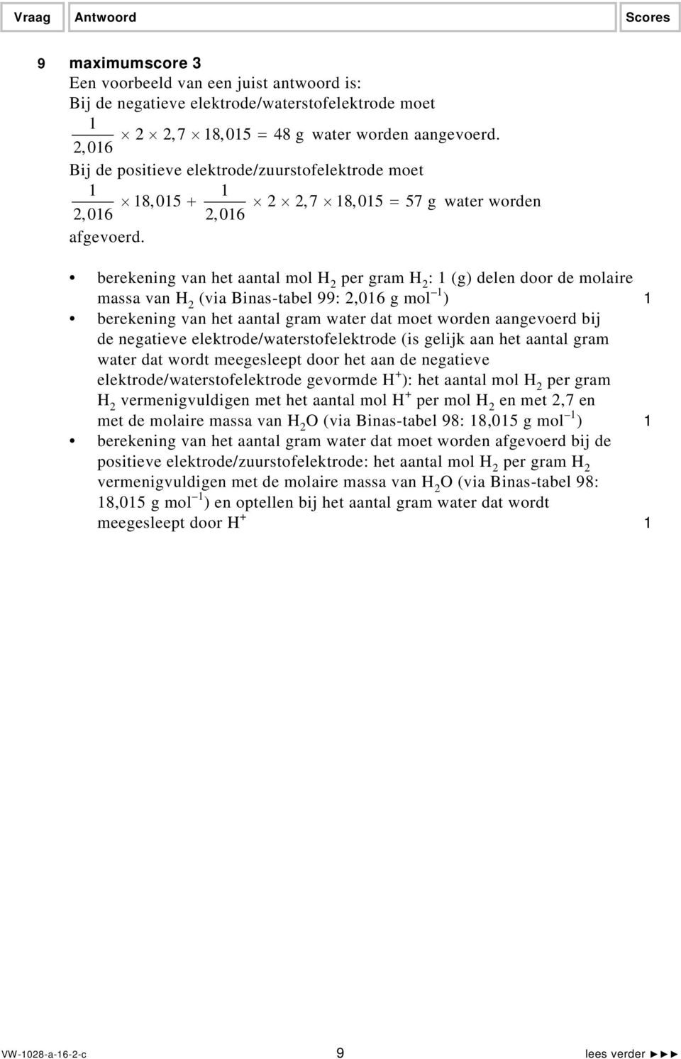 berekening van het aantal mol H 2 per gram H 2 : 1 (g) delen door de molaire massa van H 2 (via Binas-tabel 99: 2,016 g mol 1 ) 1 berekening van het aantal gram water dat moet worden aangevoerd bij