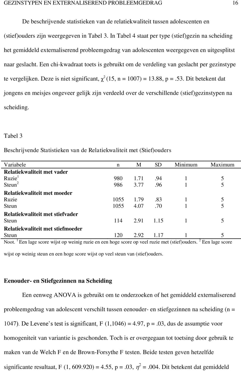 Een chi-kwadraat toets is gebruikt om de verdeling van geslacht per gezinstype te vergelijken. Deze is niet significant, χ 2 (15, n = 1007) = 13.88, p =.53.