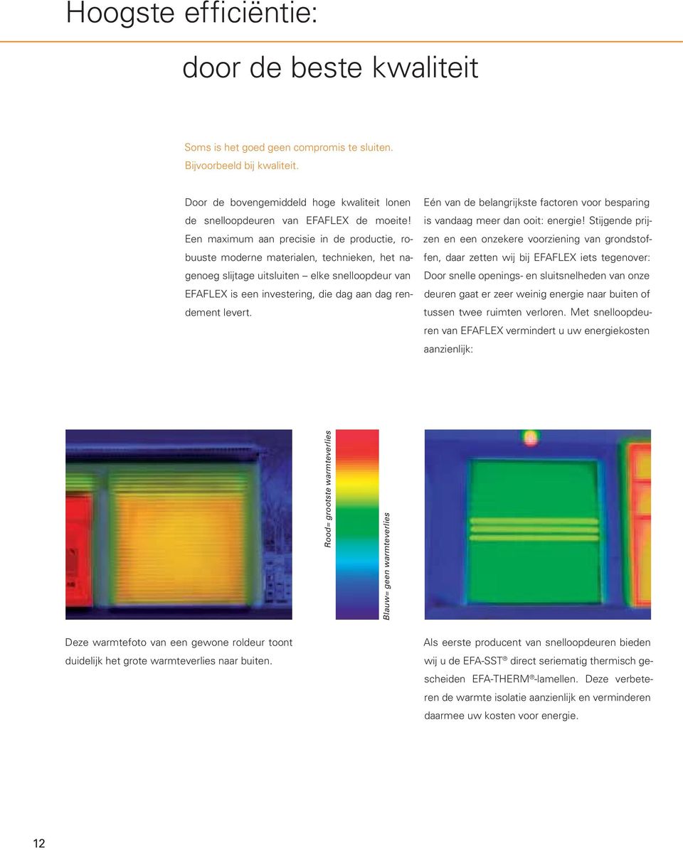 Een maximum aan precisie in de productie, robuuste moderne materialen, technieken, het nagenoeg slijtage uitsluiten elke snelloopdeur van EFAFLEX is een investering, die dag aan dag rendement levert.