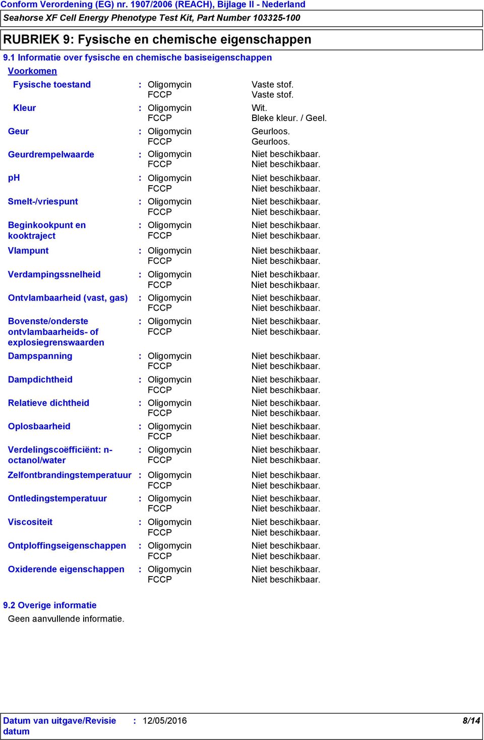 Vlampunt Dampspanning Dampdichtheid Relatieve dichtheid Oplosbaarheid Vaste stof. Vaste stof. Wit. Bleke kleur. / Geel. Geurloos.