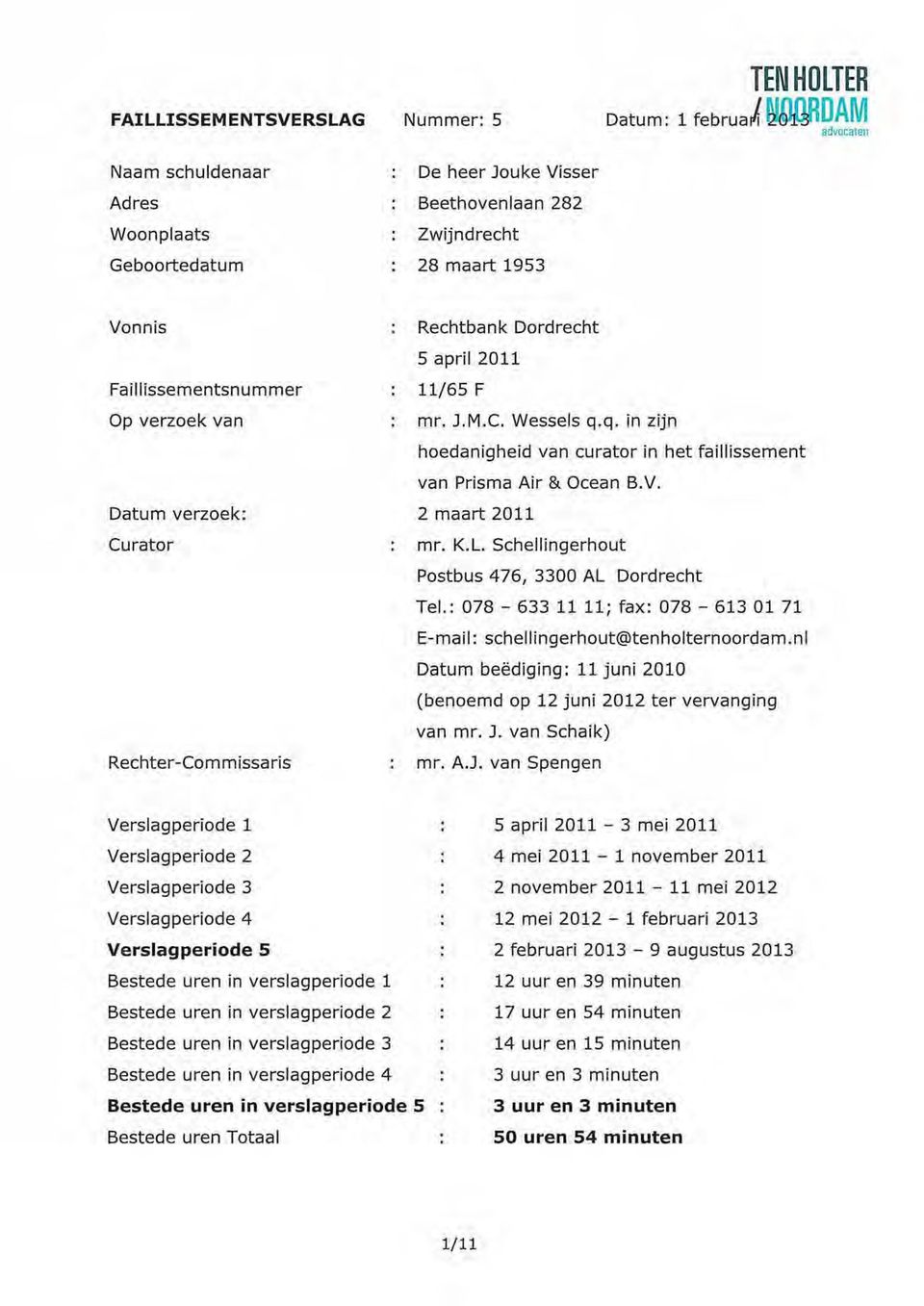 Rechter-Commissaris Rechtbank ordrecht 5 april 2011 11/65 F mr. J.M.C. Wessels q.q. in zijn hoedanigheid van curator in het faillissement van Prisma Air & Ocean B.V. 2 maart 2011 mr. K.L.