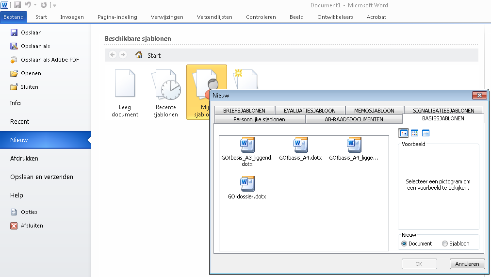 1. Een nieuw document maken op basis van GO! sjablonen Een nieuw document starten Binnen de VDI-omgeving vind je de GO! sjablonen via Bestand > Nieuw > Mijn sjablonen.