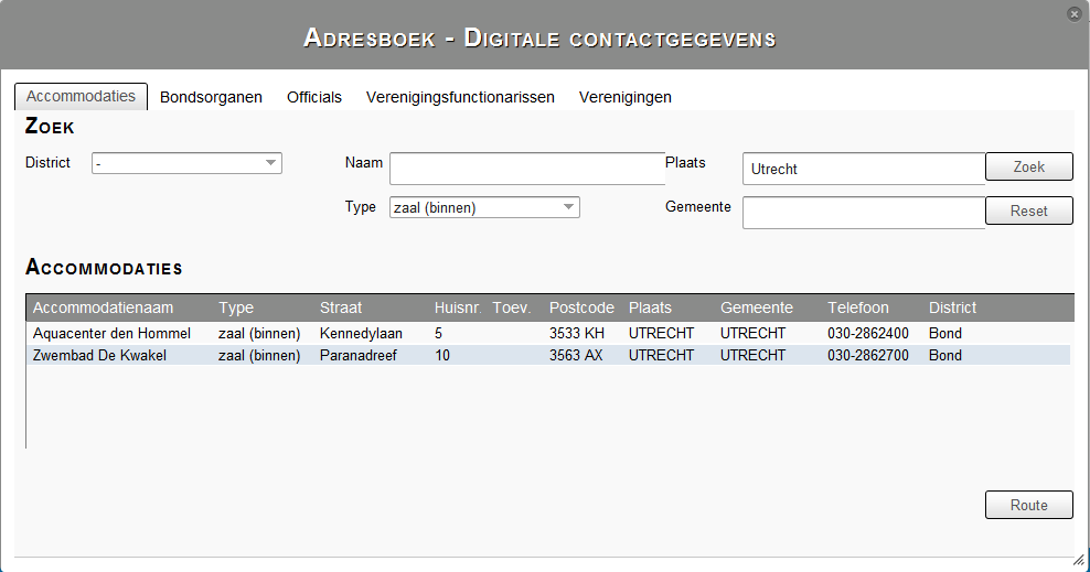 Scherm Digitale contactgegevens tabblad Accommodaties. 2) Geef de gewenste zoekcriteria in.