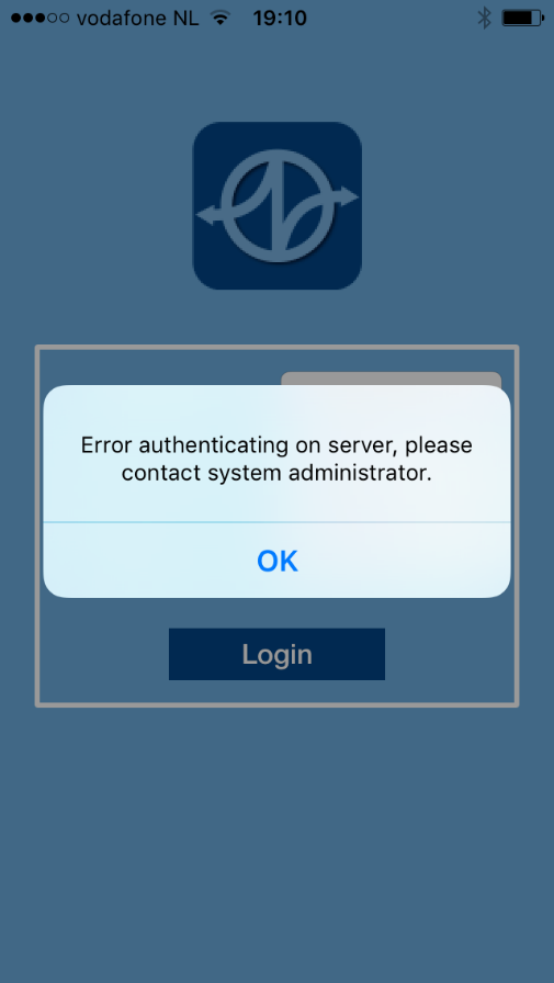Error authenticating on server, please contact system administrator - De door u ingevulde Group is niet