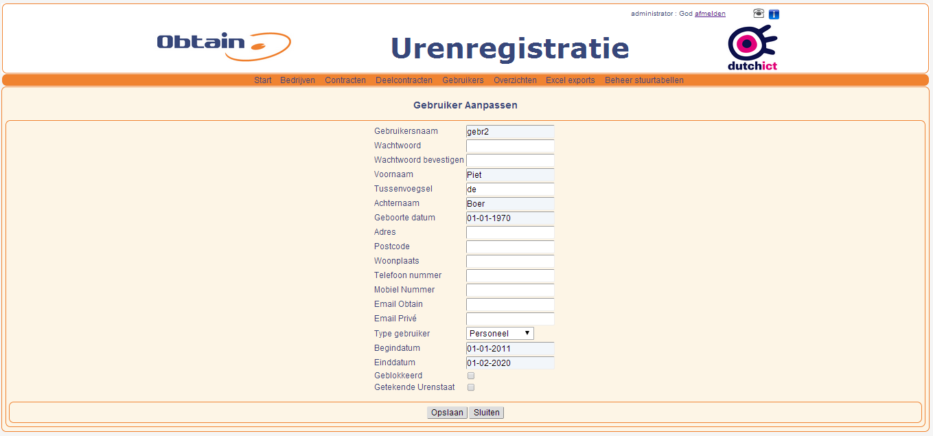 3.5 Gebruikers Als de menuoptie Gebruikers wordt gekozen verschijnt een overzicht van alle geregistreerde gebruikers.