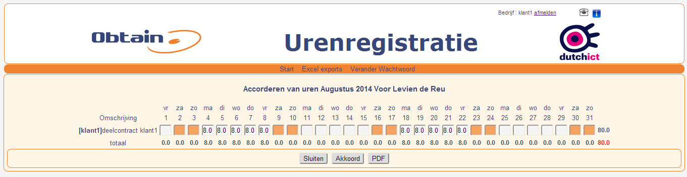 2. Klant 2.1 Inloggen Ga naar http://urenstaat.obtain.nl/ en log in met de ontvangen inloggegevens. Vervolgens verschijnt de volgende startpagina. 2.2 Uren goedkeuren Een klant kan kiezen voor de optie om de geboekte uren online goed te keuren.